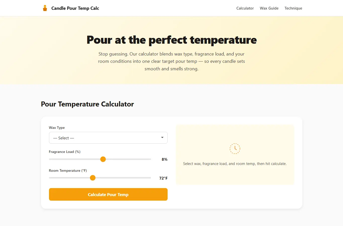 Screenshot of Candle Pour Temp Calc interface showing the project page in use